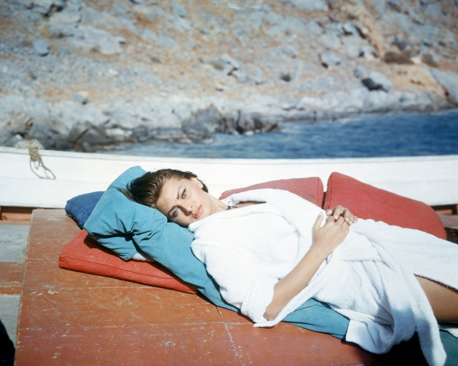 Sophia Loren in Capri in the early sixties, a white shirt open over her swimsuit