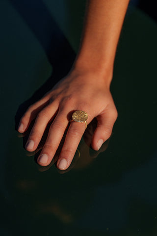 Hand wearing a gold ring on a dark background