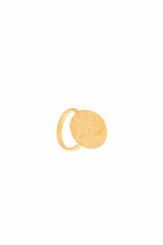 Gold ring with a circular design on a white background