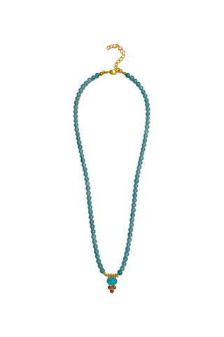 Lira Jewel Necklace in Aqua Blue: aqua stone beads with an oval turquoise-tone stone and three warm red stones, 18k gold-plated, Sofia Godinho