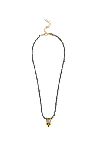 Lira Jewel Necklace in Smoky Grey: faceted smoky grey beads with a luminous milky stone and three deep blue stones, 18k gold-plated, Sofia Godinho