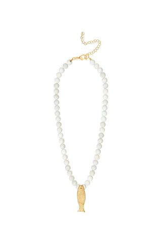 Orata necklace with round white natural stone beads and a brushed 18k gold-plated fish pendant, Sofia Godinho, Made in Portugal