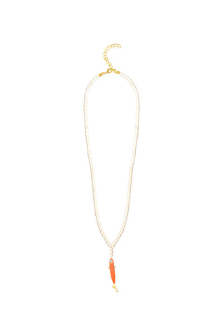 Sablé necklace, white natural stone bead Y-strand with coral enamel fish pendant and pearl drop, 18k gold-plated clasp, Sofia Godinho, Made in Portugal